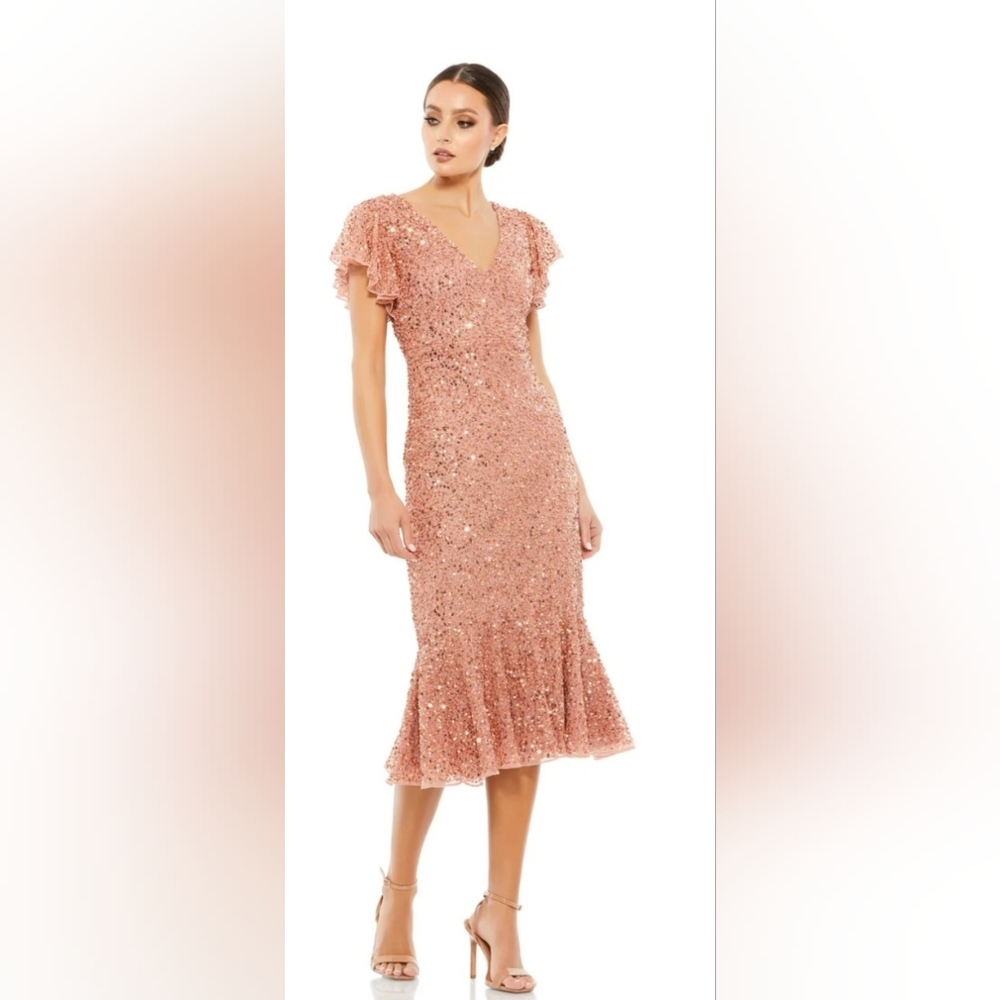 Mac Duggal Sequined V Neck Flutter Sleeve Trumpet Dress Rose Gold Sz 8 NWT 10801